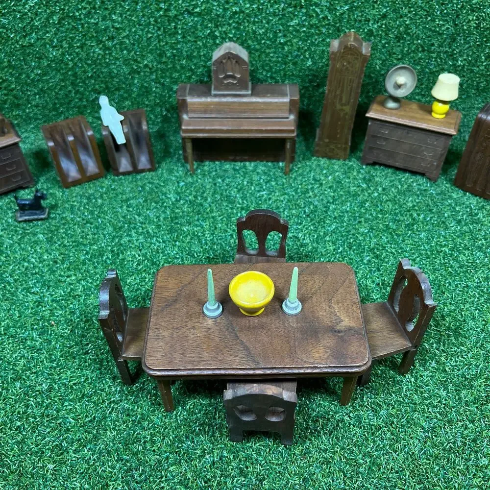 Vintage Wooden Dollhouse Miniature Clock Piano Drawers Dining Set